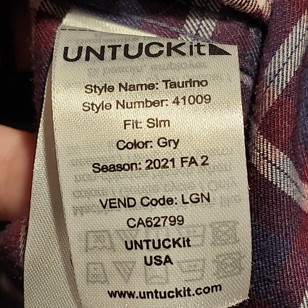 Untuckit Long Sleeve Men's Slim Fit Maroon & Blue Plaid Shirt Taurino - Picture 7 of 7